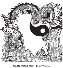 Chinese dragon in a landscape with waterfall , rocks ,plants and clouds . Vector illustration included Yin Yang symbol. Black and white coloring page