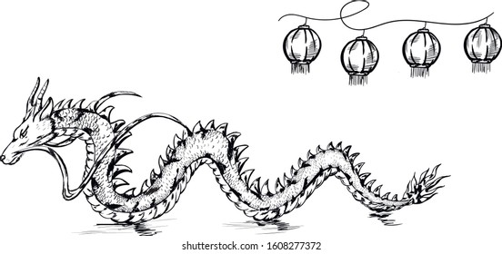 Chinese dragon and lights , Vector isolated illustration on white . Concept for priny, logo, cards , icon