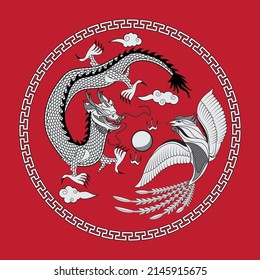 Chinese dragon or loong long or lung and Chinese phoenix bird or fenghuang bird with dragon ball and Chinese cloud in round Chinese knots and red background drawing in vector