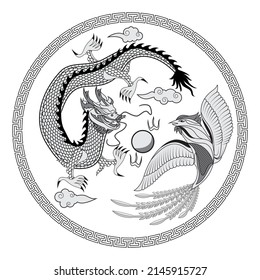 Chinese dragon or loong long or lung and Chinese phoenix bird or fenghuang bird with dragon ball and Chinese cloud in round Chinese knots drawing in vector