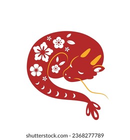 Chinese dragon. Chinese lunar new year animal with flowers ornaments. Vector flat illustration.