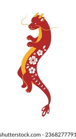Chinese dragon. Chinese lunar new year animal with flowers ornaments. Vector flat illustration.