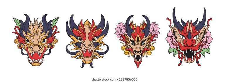 Chinese dragon mask, vector traditional oriental China character head, cartoon Japan demon sticker. Festival mystic party costume set, mythology asian tattoo animal kit. Wild Chinese dragon myth icon