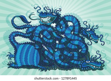 Chinese Dragon Maze Game for children in blue colors. Task: which head has open mouth? Solution: bottom neck! Illustration is in eps10 vector mode!