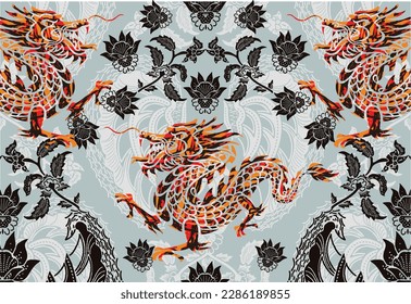 Chinese Dragon Motif Batik, with exclusive colors. Beautiful fabric pattern for decoration