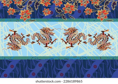 Chinese Dragon Motif Batik, with exclusive colors. Beautiful fabric pattern for decoration
