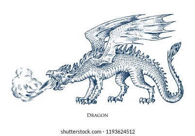Chinese dragon. Mythological animal or Asian traditional reptile. Symbol for tattoo or label. Engraved hand drawn line art Vintage old monochrome sketch, ink. Vector illustration.