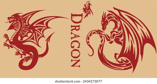 Dragón chino. Animal mitológico o reptil tradicional asiático. Símbolo de tatuaje o etiqueta. Conjunto de dragones tribales. Colección de animales de fantasía antiguos criaturas