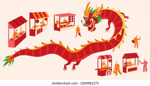 Chinese dragon and new year market stands in red color. Elements for new year market fair