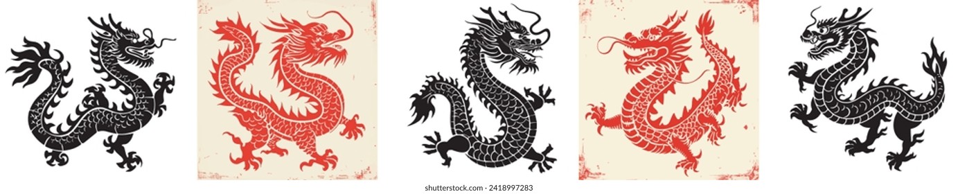 Chinese dragon Chinese New Year theme Black and White Silhouette Vector Laser Cut T- Shirt Design Print Bundling