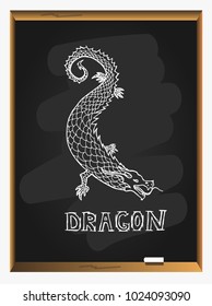 Chinese dragon on blackboard background, hand drawn sketch illustration.