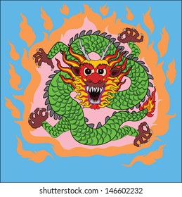 Chinese dragon on fire background and blue sky