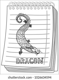 Chinese dragon on notebook background, hand drawn sketch illustration.