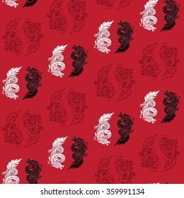 Chinese Dragon Oriental Feng Shui in symbol of the Yin Yang. Seamless isolated china pattern. Vector