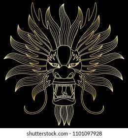 Chinese dragon outline gold head. Vecor luxury illustration of chinese eastern calendar symbol, tattoo, textile print, isolated on black background.