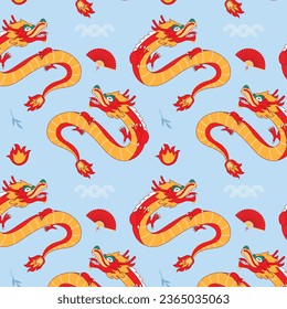 Chinesisches Drachenmuster. Chinesisches Muster. Chinesische Drachen kämpfen. goldene Umrisse auf Rot. Nahtlose Muster für Textilien und Dekoration. Cartoon, Vektorgrafik. Chinesischer traditioneller Drachenhintergrund
