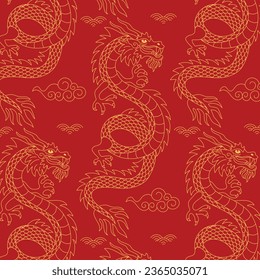 Chinese dragon pattern. Chinese pattern. Chinese dragons fighting. gold outlines on red. Seamless pattern for textile and decoration. Cartoon Vector illustration. Chinese traditional dragon background