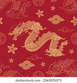 Chinese dragon pattern. Chinese pattern. Chinese dragons fighting. gold outlines on red. Seamless pattern for textile and decoration. Cartoon Vector illustration. Chinese traditional dragon background