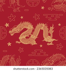 Chinese dragon pattern. Chinese pattern. Chinese dragons fighting. gold outlines on red. Seamless pattern for textile and decoration. Cartoon Vector illustration. Chinese traditional dragon background