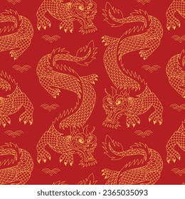 Chinese dragon pattern. Chinese pattern. Chinese dragons fighting. gold outlines on red. Seamless pattern for textile and decoration. Cartoon Vector illustration. Chinese traditional dragon background