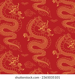 Chinese dragon pattern. Chinese pattern. Chinese dragons fighting. gold outlines on red. Seamless pattern for textile and decoration. Cartoon Vector illustration. Chinese traditional dragon background