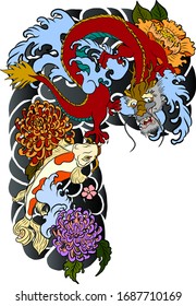 Chinese dragon with peach blossom and cloud tattoo.Japanese tattoo with water splash and black cloud.koi fish carp and tiger illustration for T-shirt background.Dragon and koi fish battle on wave,