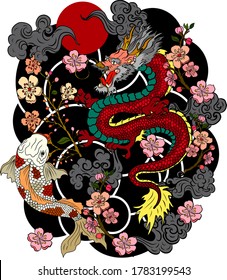 Chinese dragon with peach blossom and cloud tattoo.Japanese tattoo with water splash and black cloud.koi fish carp and tiger illustration for T-shirt background.Dragon and koi fish battle on wave,