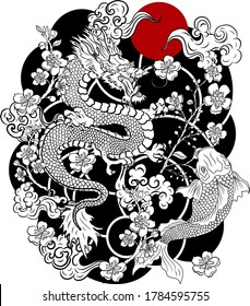 Chinese dragon with peach blossom and cloud tattoo.Japanese tattoo with water splash and black cloud.koi fish carp and tiger illustration for T-shirt background.Dragon and koi fish battle on wave,