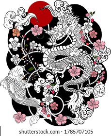 Chinese dragon with peach blossom and cloud tattoo.Japanese tattoo with water splash and black cloud.koi fish carp and tiger illustration for T-shirt background.Dragon and koi fish battle on wave,