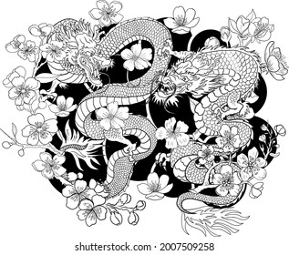 Chinese dragon with peach blossom and cloud tattoo.Japanese tattoo with water splash and black cloud.Two dragon battle illustration for T-shirt background.