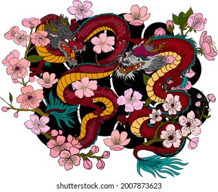 Chinese dragon with peach blossom and cloud tattoo.Japanese tattoo with water splash and black cloud.Two dragon battle illustration for T-shirt background.