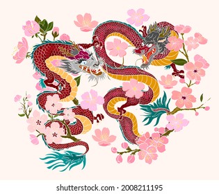 Chinese dragon with peach blossom and cloud tattoo.Japanese tattoo with water splash and black cloud.Two dragon battle illustration for T-shirt background.