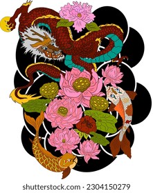 Chinese dragon with peach blossom and cloud tattoo.Japanese tattoo with water splash and black cloud.koi fish carp and tiger illustration for T-shirt background.Dragon and koi fish battle on wave,