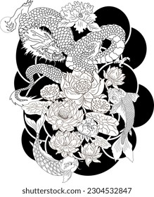 Dragón chino con flor de melocotón y tatuaje de nubes. Tatuaje japonés con salpicadura de agua y nube negra. carpa de pescado koi e ilustración de tigre para fondo de camiseta. Batalla de peces dragón y koi en oleada,