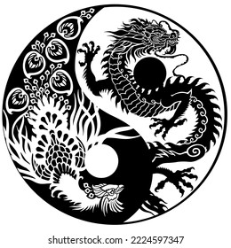 Chinese dragon and phoenix Feng Huang in the yin-yang symbol. Silhouettes. Traditional mythological creatures of Chine. Tattoo.Celestial feng shui animals. Graphic style vector illustration