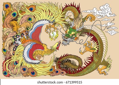 Chinese dragon and phoenix feng huang playing with a pearl ball . Vector illustration