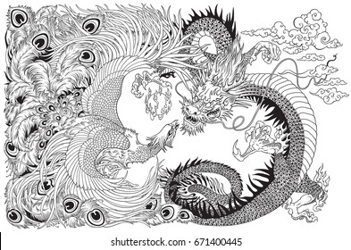 Chinese dragon and phoenix feng huang playing with a pearl ball . Black and white vector illustration