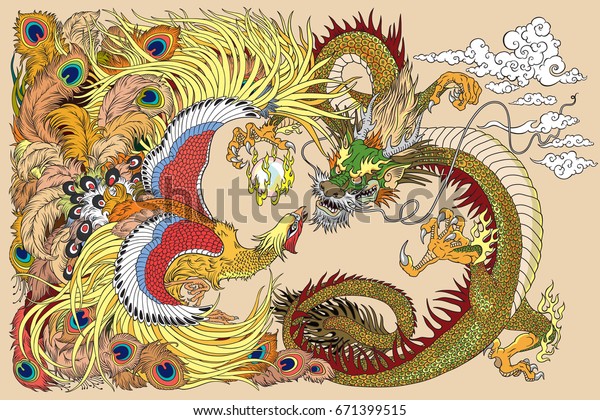 真珠玉で遊ぶ中国の龍と鳳凰 ベクターイラスト のベクター画像素材 ロイヤリティフリー