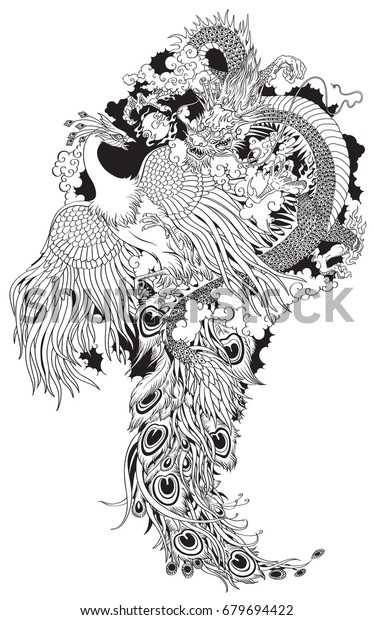 真珠玉で遊ぶ中国の龍と鳳凰 白黒のタトゥーイラスト のベクター画像素材 ロイヤリティフリー