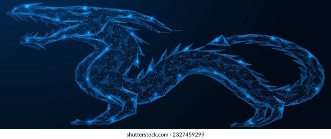 Chinesischer Drache. Polygonale Konstruktion von miteinander verbundenen Linien und Punkten. Blauer Hintergrund.