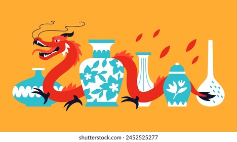 Chinese dragon and porcelain - modern colored vector illustration with set of jugs and vases made of white and blue ceramics and a mythological Asian lizard as a national symbol. Souvenirs idea