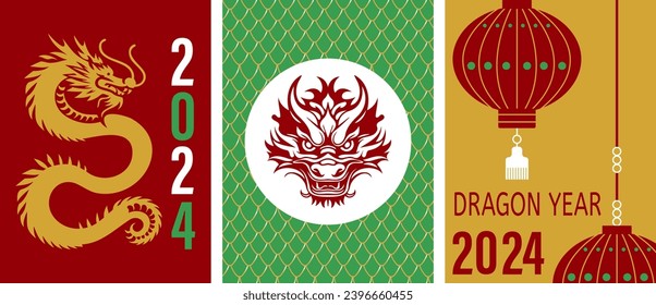 Afiche del dragón chino puesto. Símbolo del año nuevo chino. Colección de pancartas de Dragon Zodiac con el número 2024, escala de dragón y cultura tradicional linterna roja. Composición vertical.