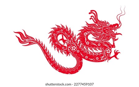 Chinese dragon red flower pattern. Isolated on white background for card design print media. China lunar calendar animal happy New year. 
Vector Illustration.