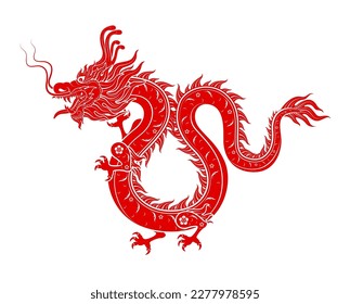 Chinese dragon red modern flower pattern. Isolated on white background for card design print media. China lunar calendar animal Happy Chinese New Year. Vector EPS 10 illustration.