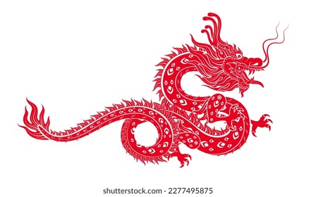 Chinese dragon red modern pattern. Isolated on white background for card design print media. China lunar calendar animal Happy Chinese New Year. Vector EPS 10 illustration.