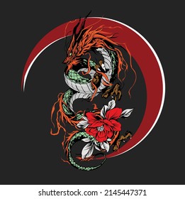 Chinese Dragon with Red Roses and Red Moon Illustration