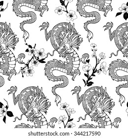  chinese Dragon and sakura . Vector seamless pattern
