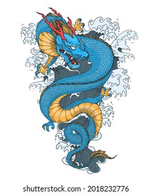 Chinese dragon with sea waves hand drawn vector illustration. Tattoo print. Hand drawn sketch illustration for t-shirt print, fabric and other uses.