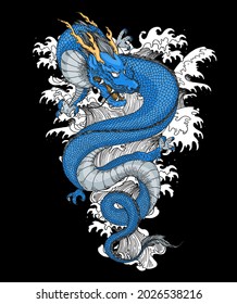 Chinese dragon with sea waves hand drawn vector illustration. Tattoo print. Hand drawn sketch illustration for t-shirt print, fabric and other uses.