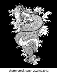 Chinese dragon with sea waves hand drawn vector illustration. Tattoo print. Hand drawn sketch illustration for t-shirt print, fabric and other uses.